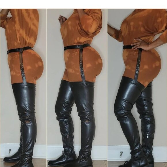 Thigh Belted Boots – Stretchy Flat Heel PU Material Plus Size Fashion Boots - Picture 5 of 6